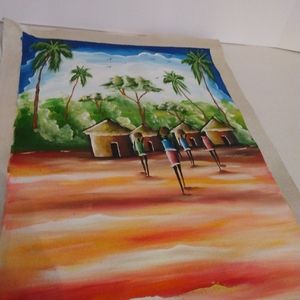 Painting on canvas. Ghana Africa. Village scene.